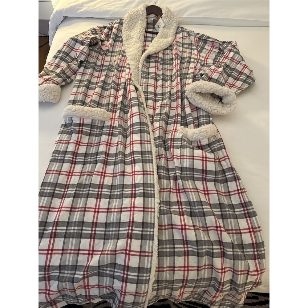 RARE NEW Pottery Barn Holland Plaid Sherpa Trim Bath Robe Large/XL/ No Belt